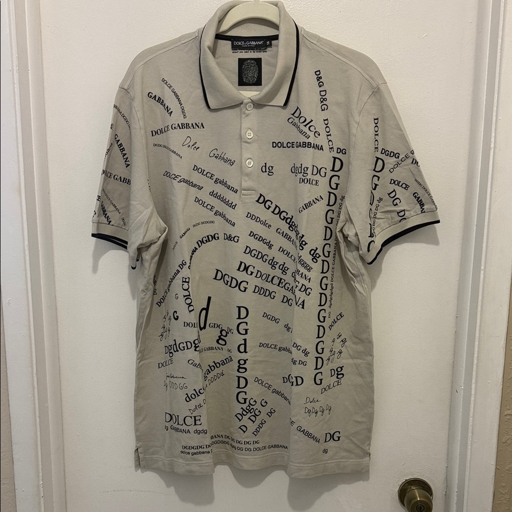 Dolce & Gabbana Beige Logo-Print Polo Shirt with Black Trim